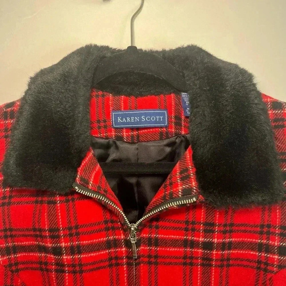 Karen Scott Womens Vest Multicolor Plaid Zip Faux Fur Collar Lined L Wool Blend - Picture 4 of 10